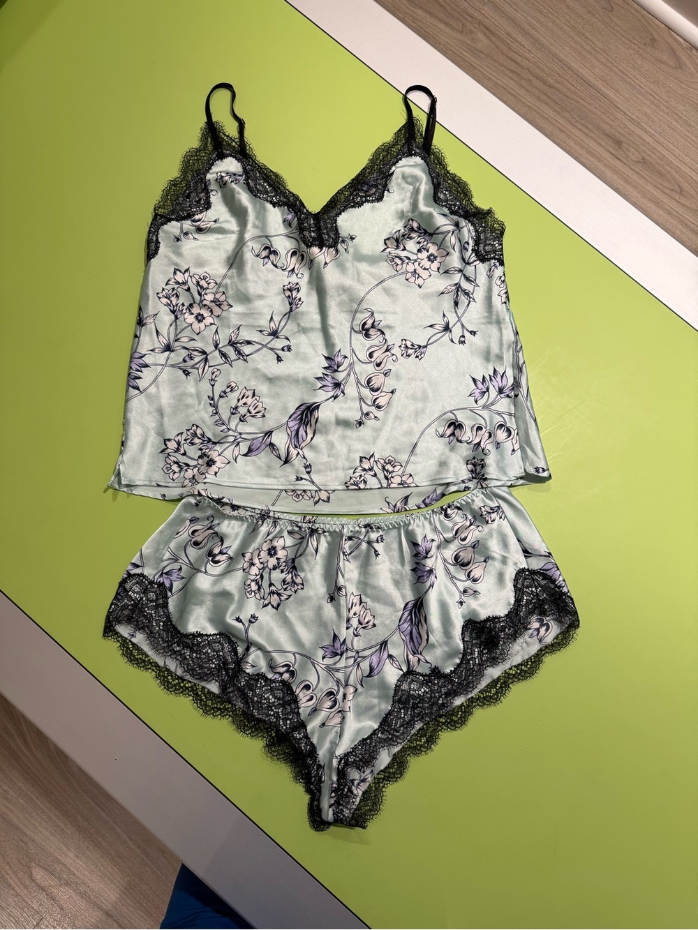 Victoria's Secret Mint Floral Satin Cami & Shorts with Black Lace